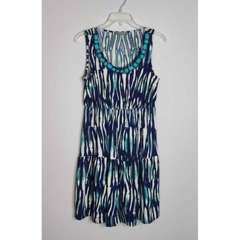 Ny Collection Sleeveless Mini Dress/ Turquoise Beaded Neck Ss Medium